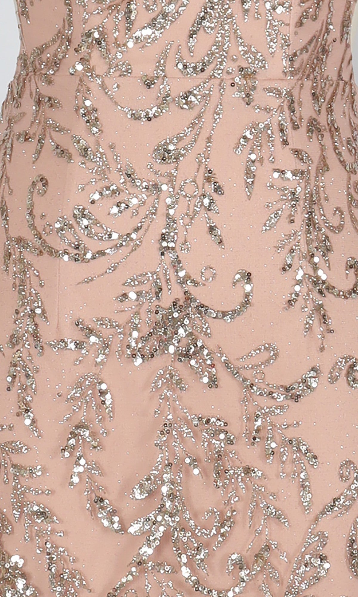 Close-up of the light pink fabric with silver sequin embroidery on the PromGirl Exclusive 250343 Short Homecoming Dress, featuring an elegant leafy vine pattern ideal for a sparkling, sleeveless mini look.